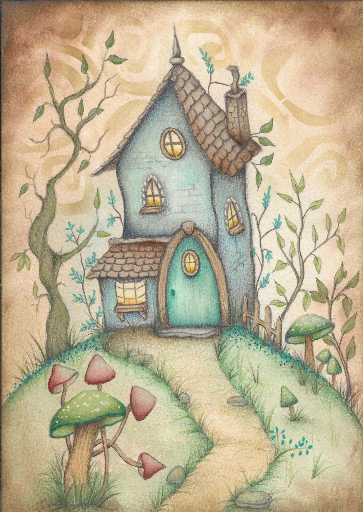 A whimsical hand-drawn illustration of a small fairy house with a blue body, brown shingled roof, green mossy details, and a curved wooden door. A winding path leads to the house, flanked by stylized trees and pink-and-green mushrooms, all on a textured beige parchment-like background.