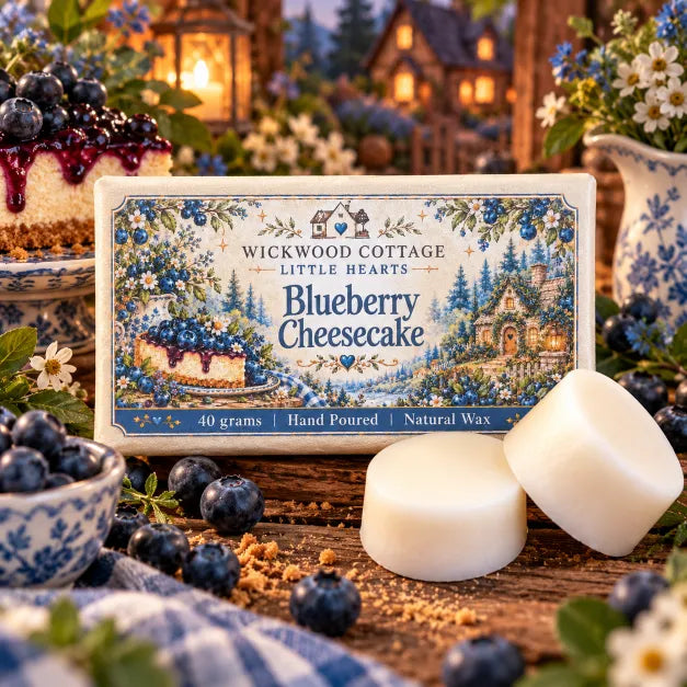 Wickwood Cottage Blueberry Cheesecake 40g hand-poured natural wax melts from the Little Hearts Collection, featuring two chunky ivory wax discs beside beautifully illustrated blueberry-themed packaging, surrounded by juicy blueberries, a delicious slice of blueberry cheesecake, delicate white daisies, blue wildflowers and vintage blue-and-white crockery, all arranged on rustic wood with glowing lanterns and a charming woodland cottage in a warm, whimsical Honeyburrow setting.