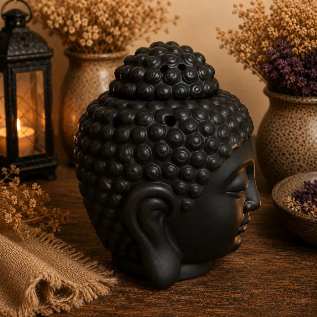 A black Buddha head decorative sculpture with a textured, bubble-like hair detail, shown on a wooden surface with dried flowers, a lantern, and burlap in a warm, rustic setting.