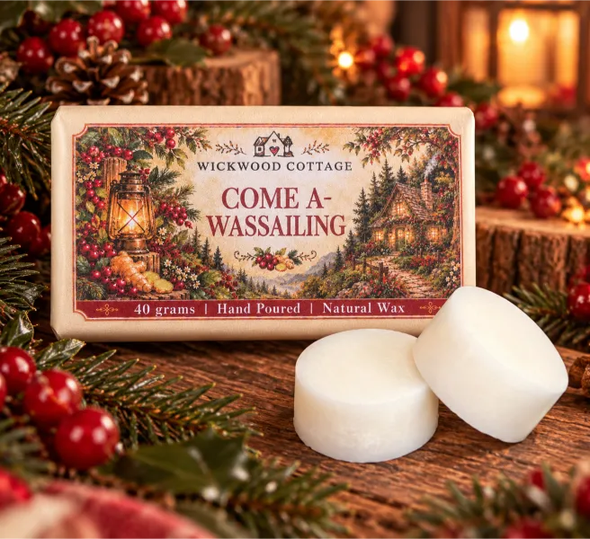 Wickwood Cottage Come A-Wassailing 40g hand-poured natural wax melts, featuring two chunky ivory wax discs beside festive woodland packaging on a rustic wooden table, surrounded by red berries, evergreen branches, pinecones and warm Christmas lighting.