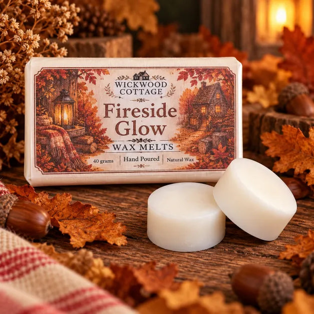 Wickwood Cottage Fireside Glow 40g hand-poured natural wax melts, featuring two ivory wax discs beside autumn-inspired packaging on a rustic wooden table, surrounded by fallen oak leaves, acorns and warm cottage lighting.