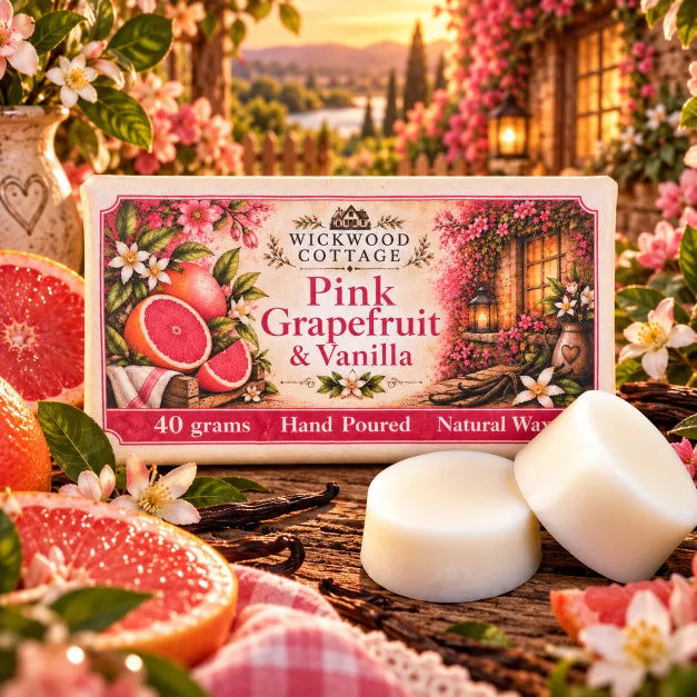 Wickwood Cottage Pink Grapefruit & Vanilla wax melts, featuring a beautifully illustrated 40g package alongside two chunky ivory natural wax melts, surrounded by juicy pink grapefruit slices, vanilla pods, delicate blossoms and lush greenery on a rustic wooden table, with a warmly glowing, flower-filled cottage garden in the background.