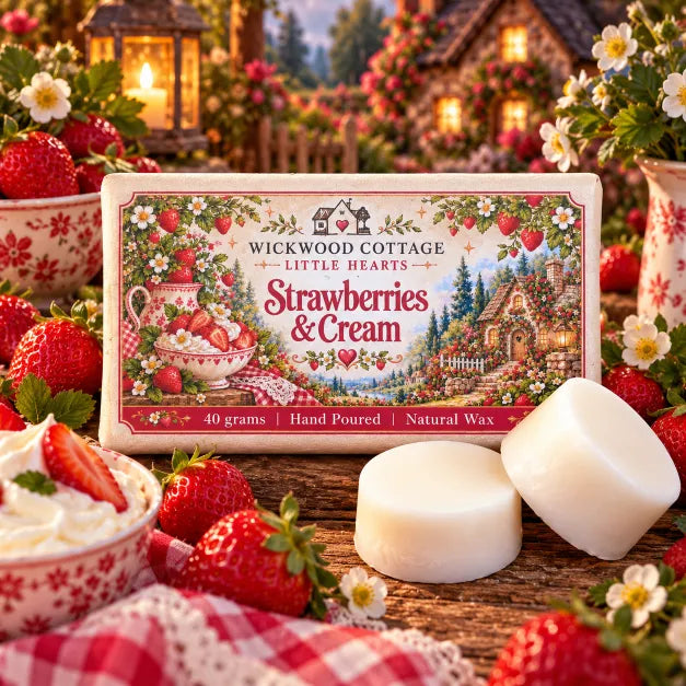Wickwood Cottage Strawberries & Cream wax melts from the Little Hearts collection, featuring a beautifully illustrated 40g package alongside two chunky ivory natural wax melts, surrounded by ripe strawberries, whipped cream, delicate white blossoms and rustic gingham, with a warmly glowing cottage garden in the background.