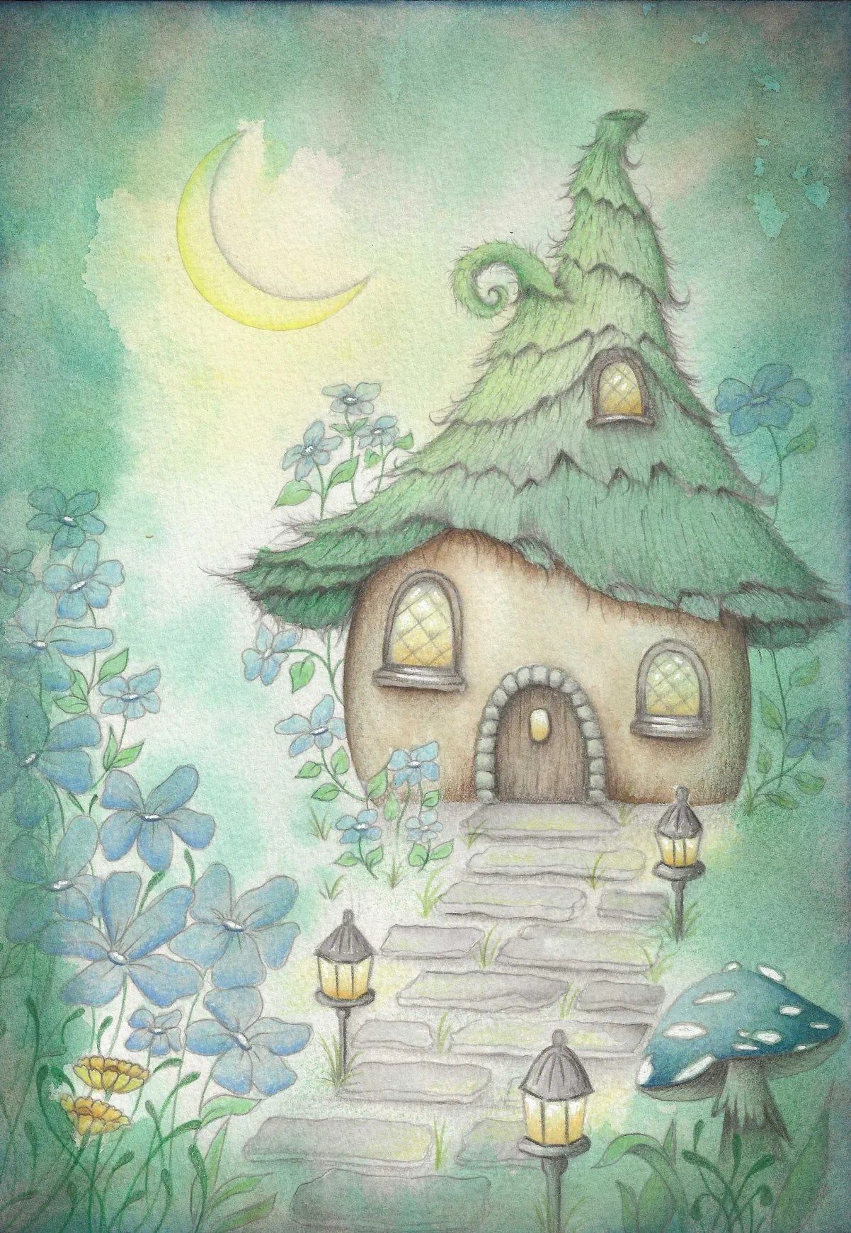 A whimsical painted scene of a small fairy house with a thatched green roof, stone steps, glowing windows, flowers, mushrooms, and a crescent moon in a soft pastel sky.