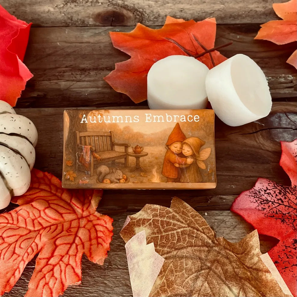 Paper wrapped rectangle wax melt with 'Autumns Embrace' text and an image of an enchanted  fae couple hugging with a wooden bench to the left. Surrounding the package, autumn leaves a pumpkin and two wax melt discs on a rustic wooden surface.