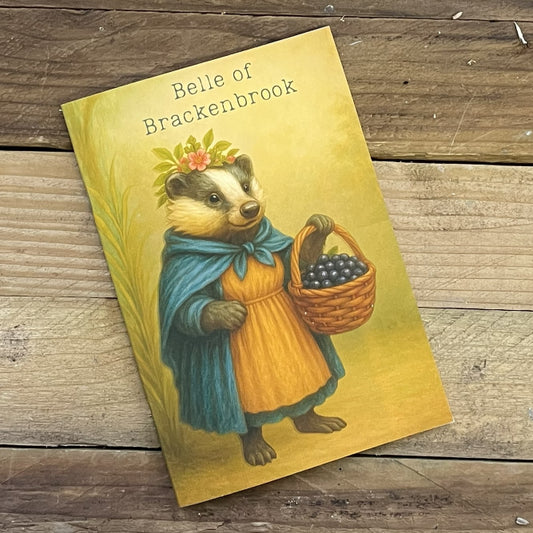 Vintage-style illustration of a badger in a dress holding a basket on a wooden surface.