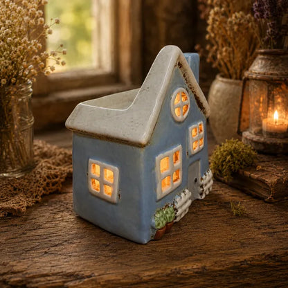 Blue ceramic cottage wax melt warmer with warm light glowing through the windows. Sitting on a rustic surface.