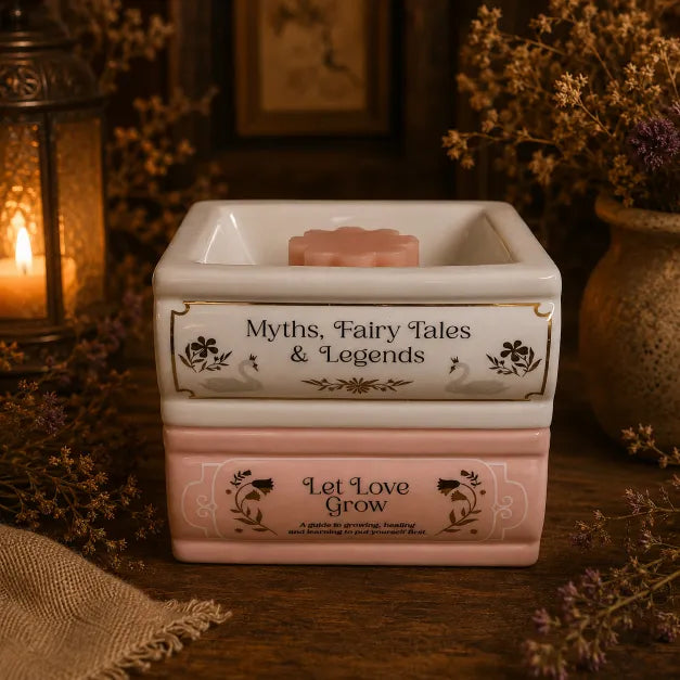 “Book Stack wax melt burner styled as two ceramic books reading Myths, Fairy Tales & Legends and Let Love Grow, with a pink wax melt in the dish.”