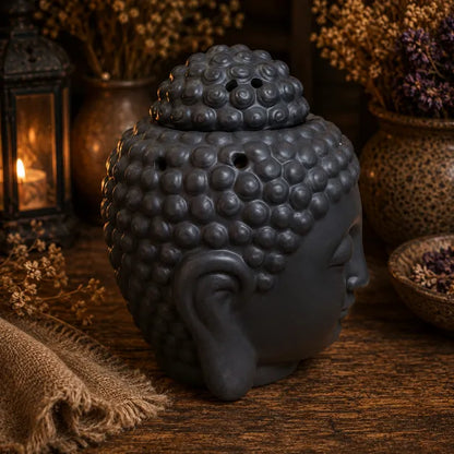 A black Buddha head sculpture with a textured, bubble-like hair pattern and a matching lid, styled on a rustic wooden surface with dried flowers, a lantern, and burlap.