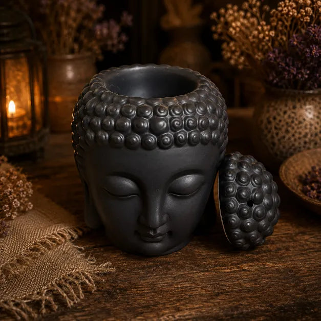 A matte black Buddha head wax/oil warmer with its matching lid resting beside it on a rustic wooden table, surrounded by warm-toned dried flowers and a lantern in the background.