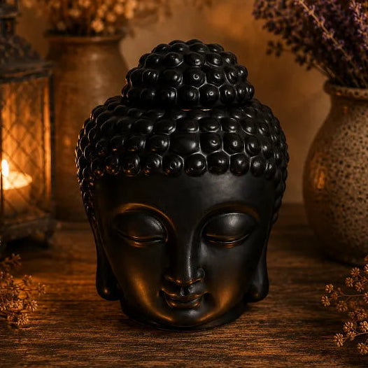 A black Buddha head wax warmer with closed eyes and detailed curly hair, displayed on a rustic wooden surface with a lit lantern and dried flowers in the background.