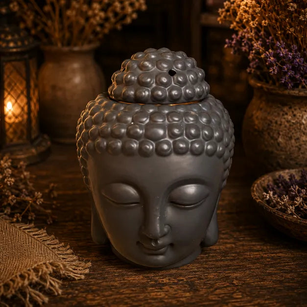 A black ceramic Buddha head oil/wax burner with a matching lid, styled on a rustic wooden table with dried flowers and a warm lantern in the background.