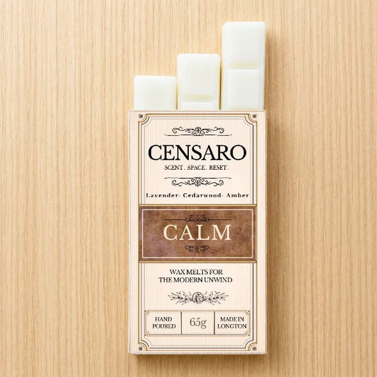 Censaro wax melts packaging  showing 3 white melts on a wooden surface,