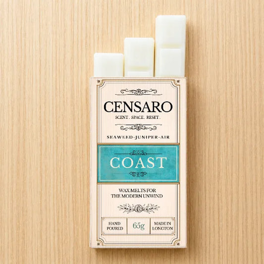 Censaro Coast packaging with 3 wax melts  on a wooden surface