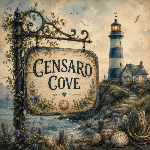 A vintage-style coastal sign reading 'CENSARO COVE' hangs from an ornate post beside a lighthouse, rocky shoreline, sea, and small house in a painterly seaside scene.