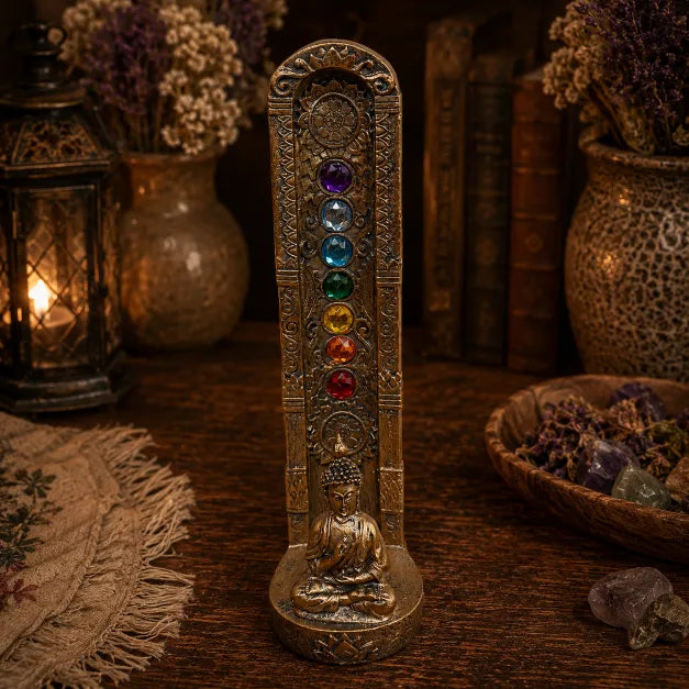 An ornate brass-toned chakra statue featuring seven colored gemstone accents and a seated Buddha figure at the base, displayed on a rustic wooden surface with decorative vases, books, and a lantern in the background.