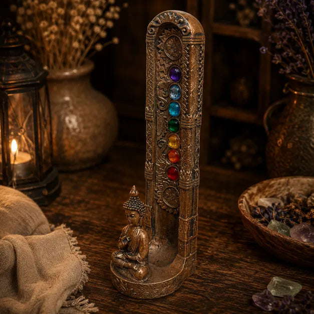 An ornate bronze-toned chakra incense holder featuring seven colorful gemstone-like beads representing the chakras, with a small seated Buddha figure at the base, displayed on a rustic wooden surface in a warmly lit, atmospheric setting.