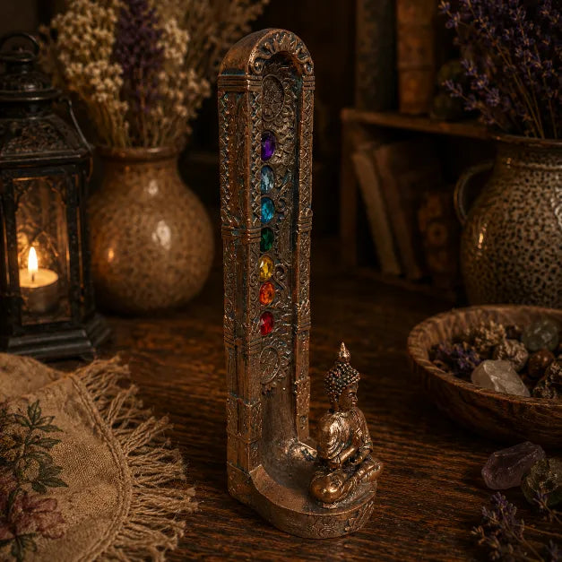 A decorative Buddha incense holder
 in a lotus position set within a carved bronze arch featuring the eight gemstones of the chakra. The statue is styled on a rustic wooden table surrounded by dried flowers, a lit candle lantern, and a bowl of crystals.