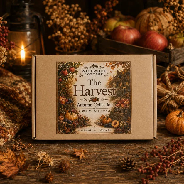 “Wickwood Cottage The Harvest autumn wax melt collection gift box, styled with apples, pumpkins, dried botanicals and warm cottage lantern light.”