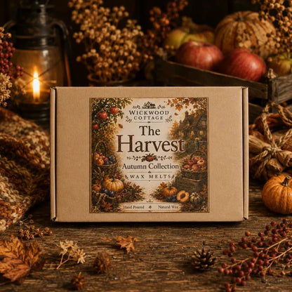 “Wickwood Cottage The Harvest autumn wax melt collection gift box, styled with apples, pumpkins, dried botanicals and warm cottage lantern light.”