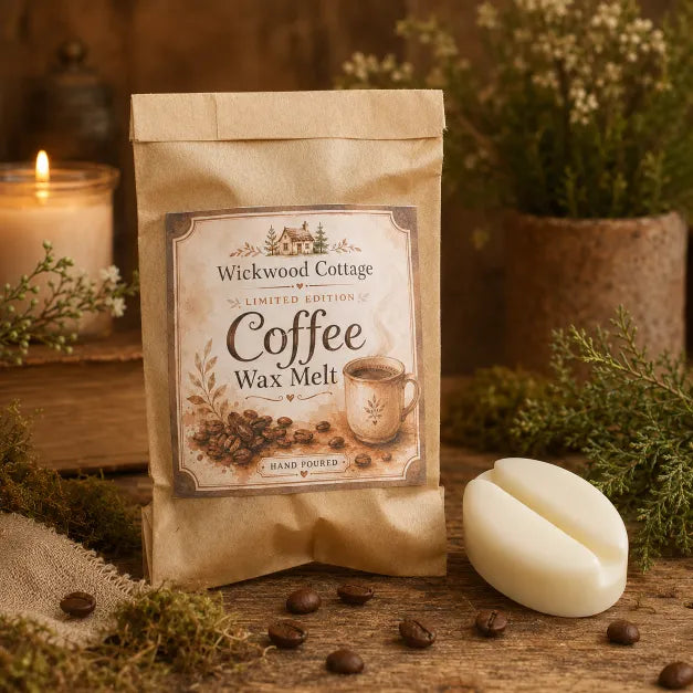 Wickwood Cottage Coffee Wax Melt in its brown glassine packaging with a cream coffee-bean-shaped wax melt beside it on a rustic wooden surface.