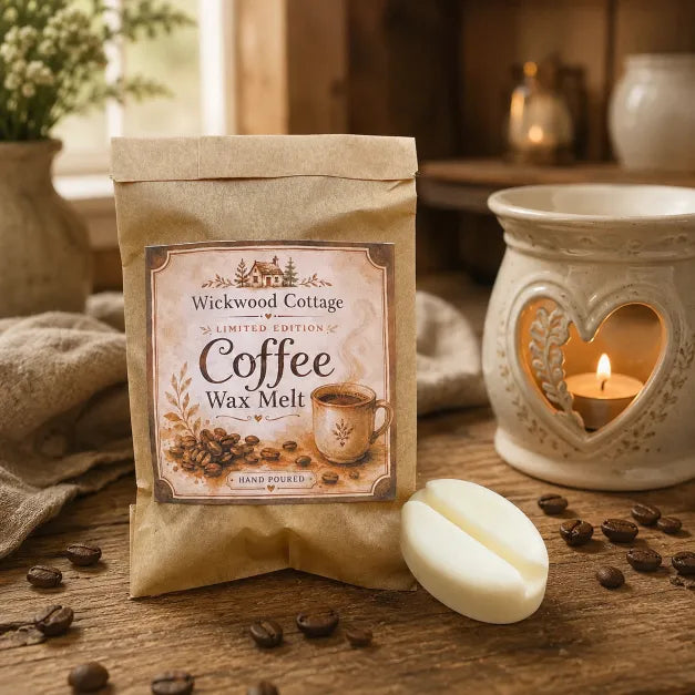 Wickwood Cottage Coffee Wax Melt displayed on a rustic cottage kitchen table with a cream wax burner, coffee beans and a cream coffee-bean-shaped wax melt.