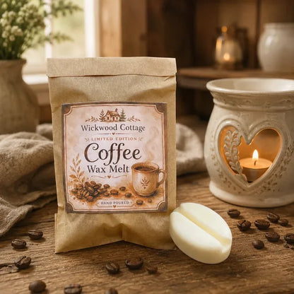 Wickwood Cottage Coffee Wax Melt displayed on a rustic cottage kitchen table with a cream wax burner, coffee beans and a cream coffee-bean-shaped wax melt.