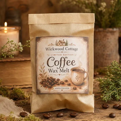 Wickwood Cottage Coffee Wax Melt in a brown glassine bag with a vintage illustrated label, styled on a rustic wooden table with coffee beans and cottage greenery.