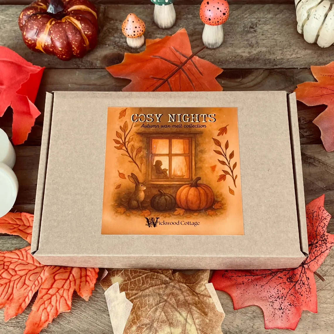 Cosy Nights wax melt collection front of box, the label has pumpkins and a hair sitting below a cottage window, the box is surrounded by autumn leaves, toadstools and pumpkins upon a rustic wooden surface.
