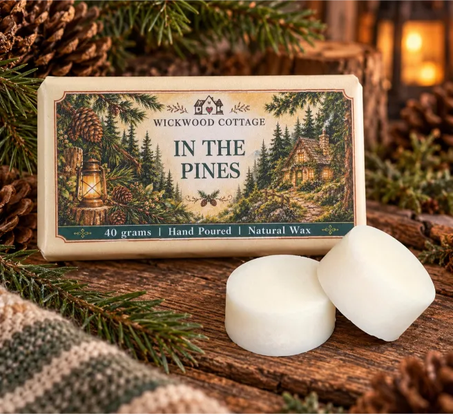 Wickwood Cottage In the Pines 40g hand-poured natural wax melts, featuring two chunky ivory wax discs beside woodland-inspired packaging on a rustic wooden table, surrounded by pine branches, pinecones and warm cottage lighting.