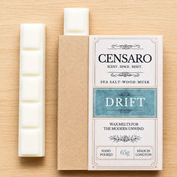 Censaro wax melt packaging with 2 wax melts on a wooden surface