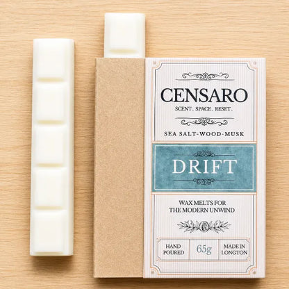 Censaro wax melt packaging with 2 wax melts on a wooden surface