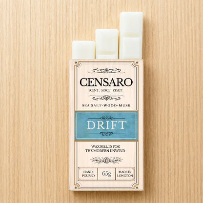 Censaro packaging with 3 wax melts on a wooden surface