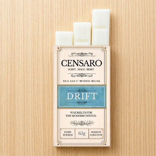 Censaro packaging with 3 wax melts on a wooden surface