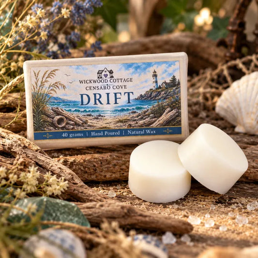 Wickwood Cottage Drift 40g hand-poured natural wax melts from the Censaro Cove collection, featuring two chunky ivory wax discs beside beautifully illustrated coastal packaging, nestled amongst weathered driftwood, seashells, sea glass, dried coastal grasses and soft blue flowers in a warm, rustic seaside setting.