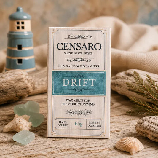 A boxed fragrance product labeled CENSARO Drift stands upright on a rustic wooden surface with seashells, driftwood, and a small lighthouse decoration in a styled setting.