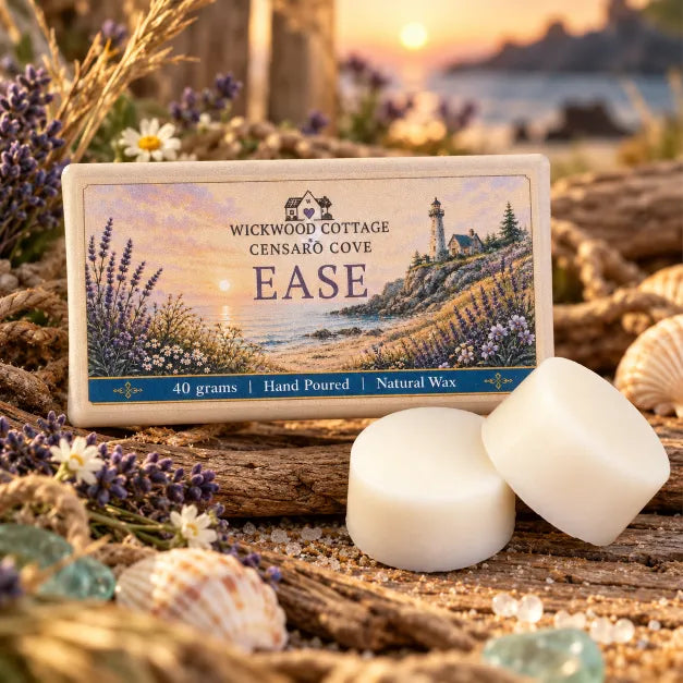 Wickwood Cottage Ease 40g hand-poured natural wax melts from the Censaro Cove collection, featuring two chunky ivory wax discs beside beautifully illustrated coastal packaging, nestled amongst weathered driftwood, seashells, lavender, delicate daisies and sea glass, with a tranquil seaside sunset and warm golden light creating a peaceful, rustic coastal atmosphere.