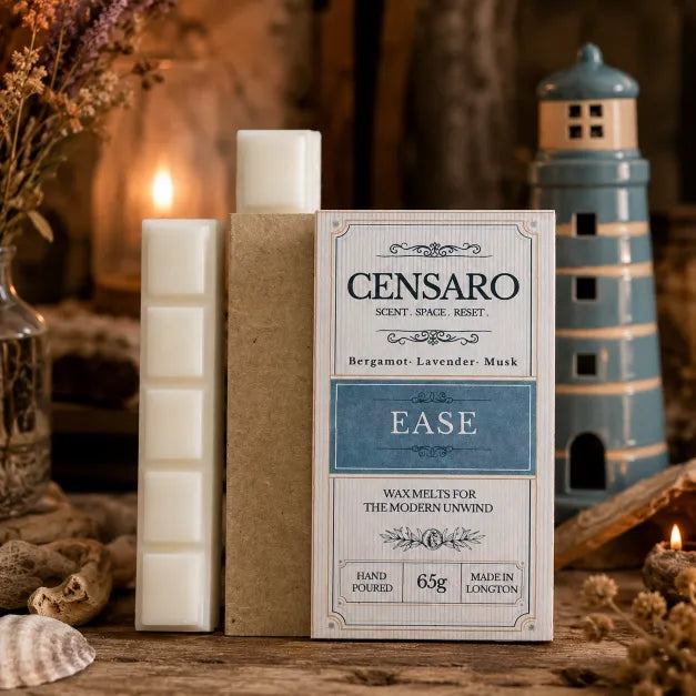 Censaro Ease scented wax melts in a kraft paper sleeve with the product box standing beside it on a rustic wooden surface. The box is cream and blue, and the wax melts are off-white.