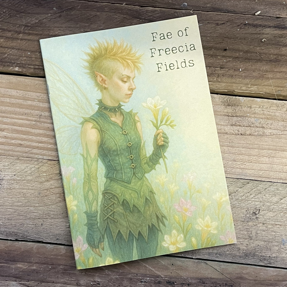 Notebook with a fairy illustration on a wooden surface