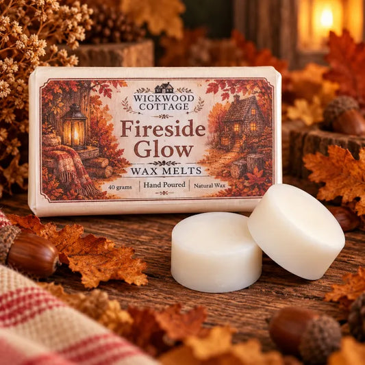 Wickwood Cottage Fireside Glow 40g hand-poured natural wax melts, featuring two ivory wax discs beside autumn-inspired packaging on a rustic wooden table, surrounded by fallen oak leaves, acorns and warm cottage lighting.