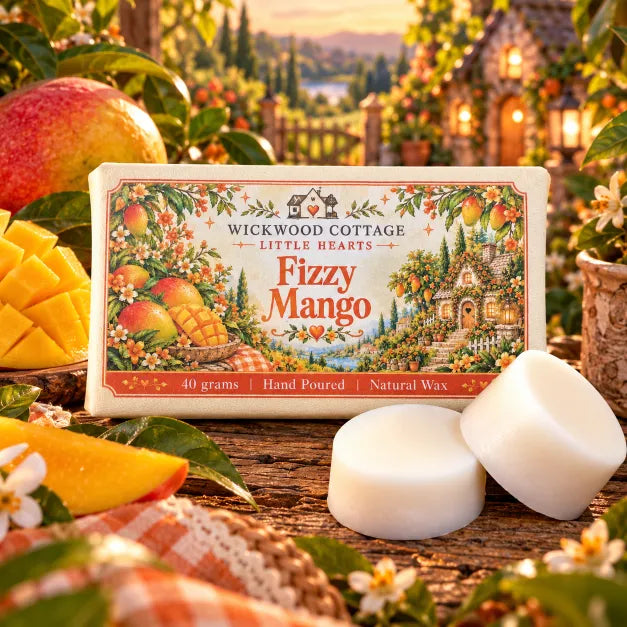 Wickwood Cottage Fizzy Mango wax melts from the Little Hearts collection, featuring a beautifully illustrated 40g package alongside two chunky ivory natural wax melts, surrounded by ripe mangoes, juicy mango slices, delicate blossoms and lush greenery on a rustic wooden table, with a warmly glowing cottage garden in the background.