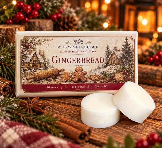 Wickwood Cottage Gingerbread 40g hand-poured natural wax melts, featuring two chunky ivory wax discs beside festive cottage-inspired packaging on a rustic wooden table, surrounded by cinnamon sticks, star anise, evergreen branches, red berries and warm Christmas lighting.