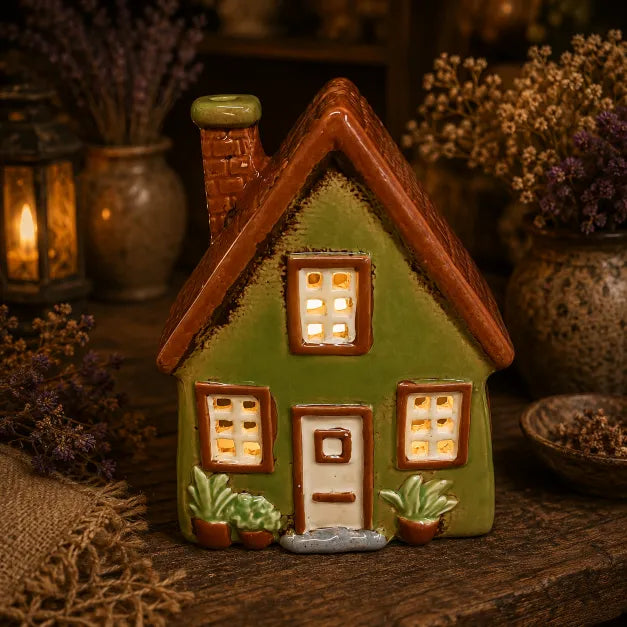 A small ceramic house figurine with a green body, brown roof, white door, and glowing warm lights in the windows, displayed on a rustic wooden surface with dried flowers and lanterns in the background.