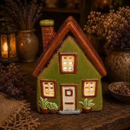 A small ceramic house figurine with a green body, brown roof, white door, and glowing warm lights in the windows, displayed on a rustic wooden surface with dried flowers and lanterns in the background.