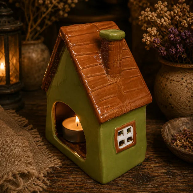 A small ceramic house-shaped candle holder with a green body, brown roof, and lit tea light inside, styled on a wooden surface with dried flowers and lanterns in the background.