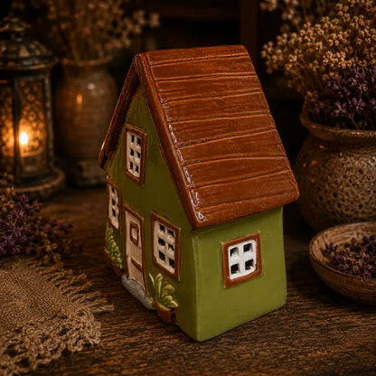 A small green house-shaped ceramic candle holder or decorative figurine with a brown textured roof, white-trimmed windows, and a front door, styled on a wooden surface with dried flowers and lanterns in the background.