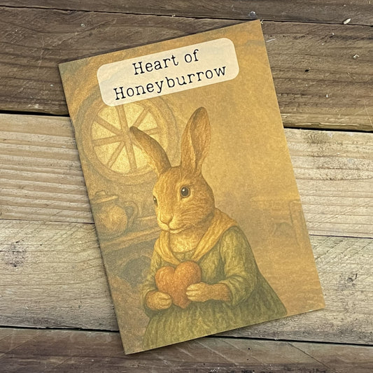 Notebook with a hare illustration and 'Heart of Honeyburrow' text on a wooden surface