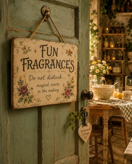 A rustic wooden wooden door with a hanging sign with floral decoration and the text 'FUN FRAGRANCES Do not disturb.