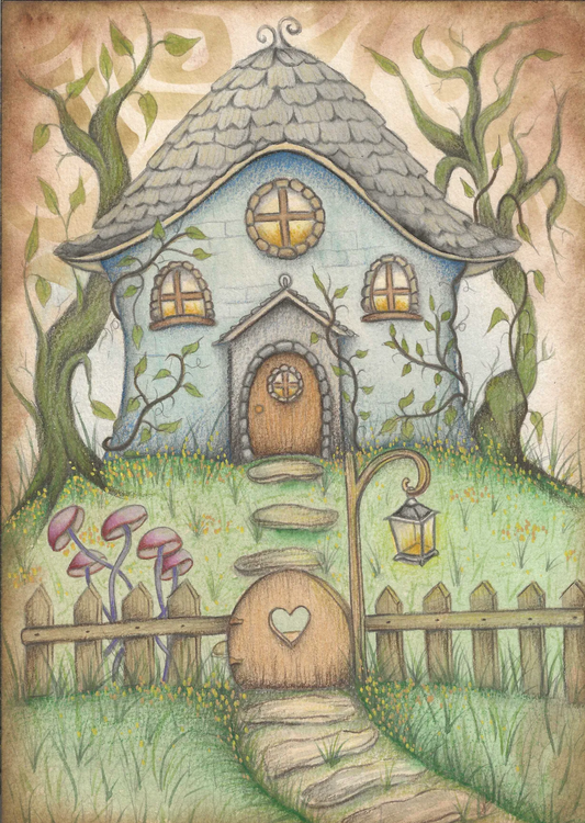 A whimsical hand-drawn illustration of a fairy house with a gray shingled roof, wooden door, picket fence, mushroom garden, and winding path on a textured beige background.