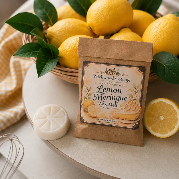 Wickwood Cottage Lemon Meringue Wax Melt displayed beside a lemon-shaped wax melt with fresh lemons in a rustic basket, handcrafted home fragrance.